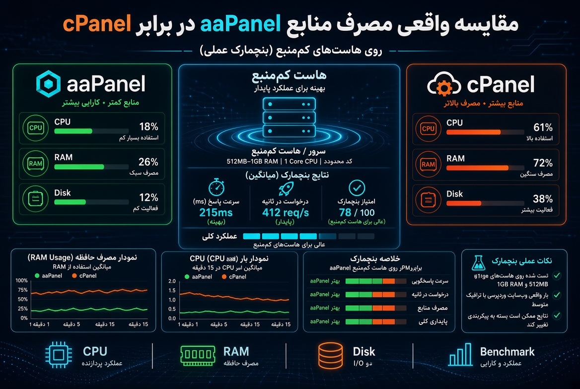 aaPanel یا cPanel روی VPS کم‌رم؟ مقایسه واقعی مصرف RAM، CPU و دیسک با بنچمارک عملی