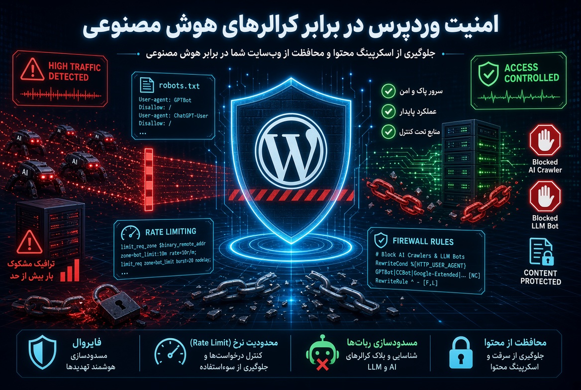 امنیت وردپرس در برابر کرالرهای هوش مصنوعی؛ جلوگیری از اسکرپینگ محتوا و فشار بات‌های LLM روی سرور