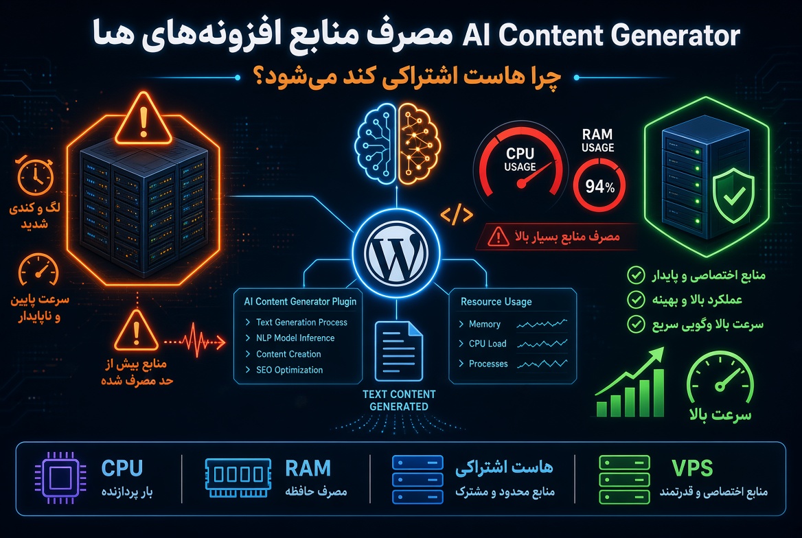 مصرف منابع افزونه‌های AI Content Generator در وردپرس؛ چرا هاست اشتراکی کند می‌شود و چه زمانی VPS لازم است؟