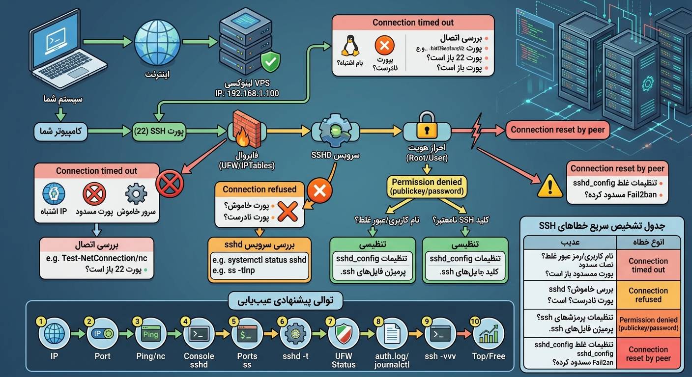 آموزش کامل عیب‌یابی SSH در لینوکس؛ از Timeout تا Connection Reset