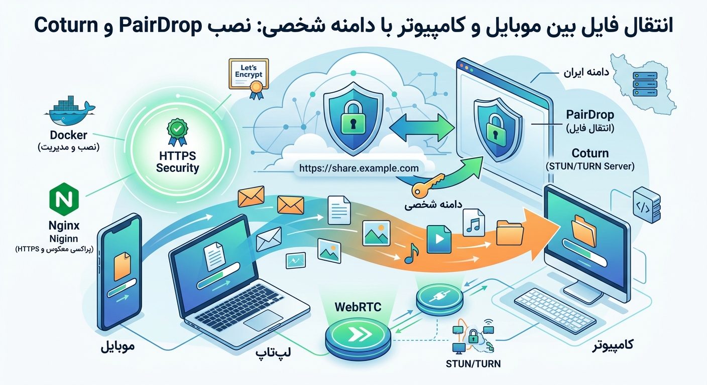 راه‌اندازی PairDrop و Coturn روی سرور مجازی ایران؛ انتقال فایل بین موبایل و کامپیوتر با دامنه شخصی