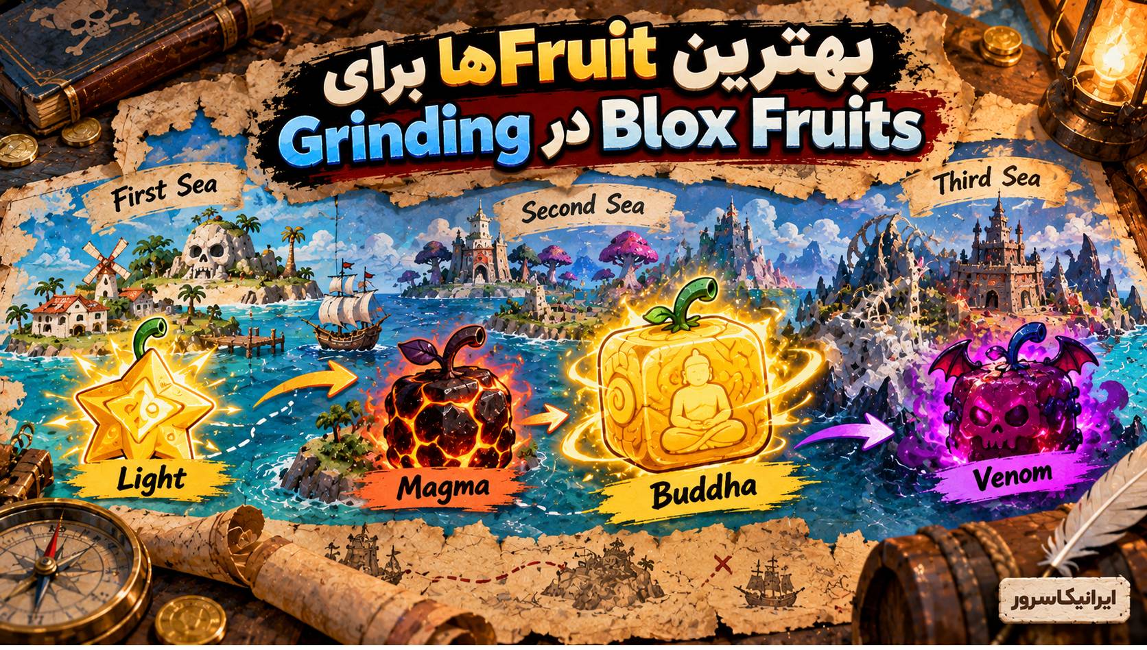 بهترین Fruitها برای Grinding در Blox Fruits شامل Buddha Light Magma و Venom