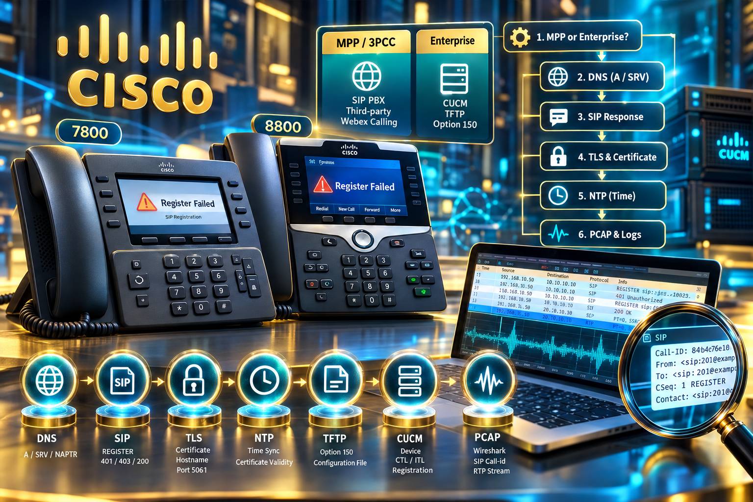 چرا تلفن سیسکو رجیستر نمی‌شود؟ رفع مشکل Register Failed در سری 7800 و 8800