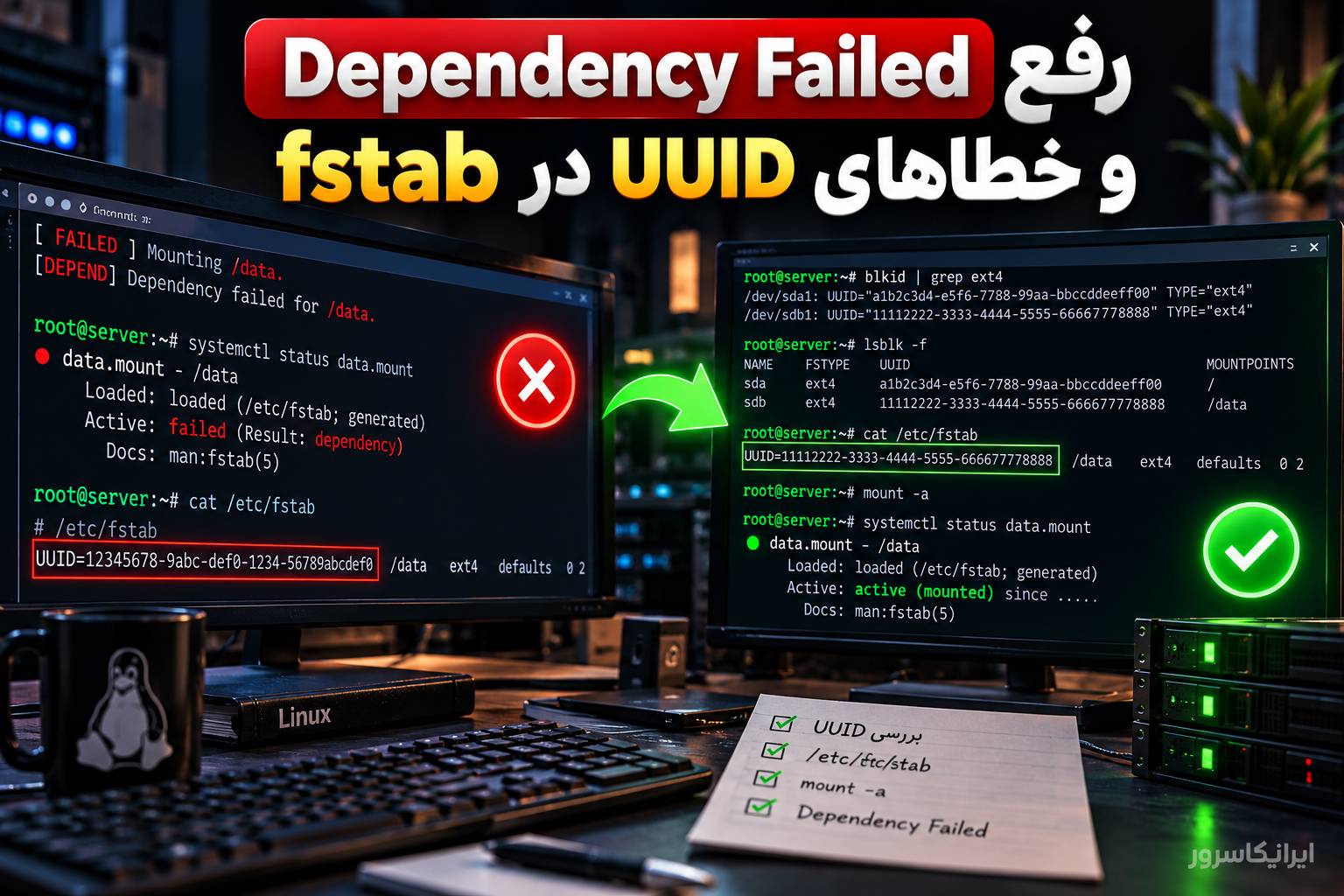 رفع Dependency Failed و خطاهای UUID در fstab لینوکس