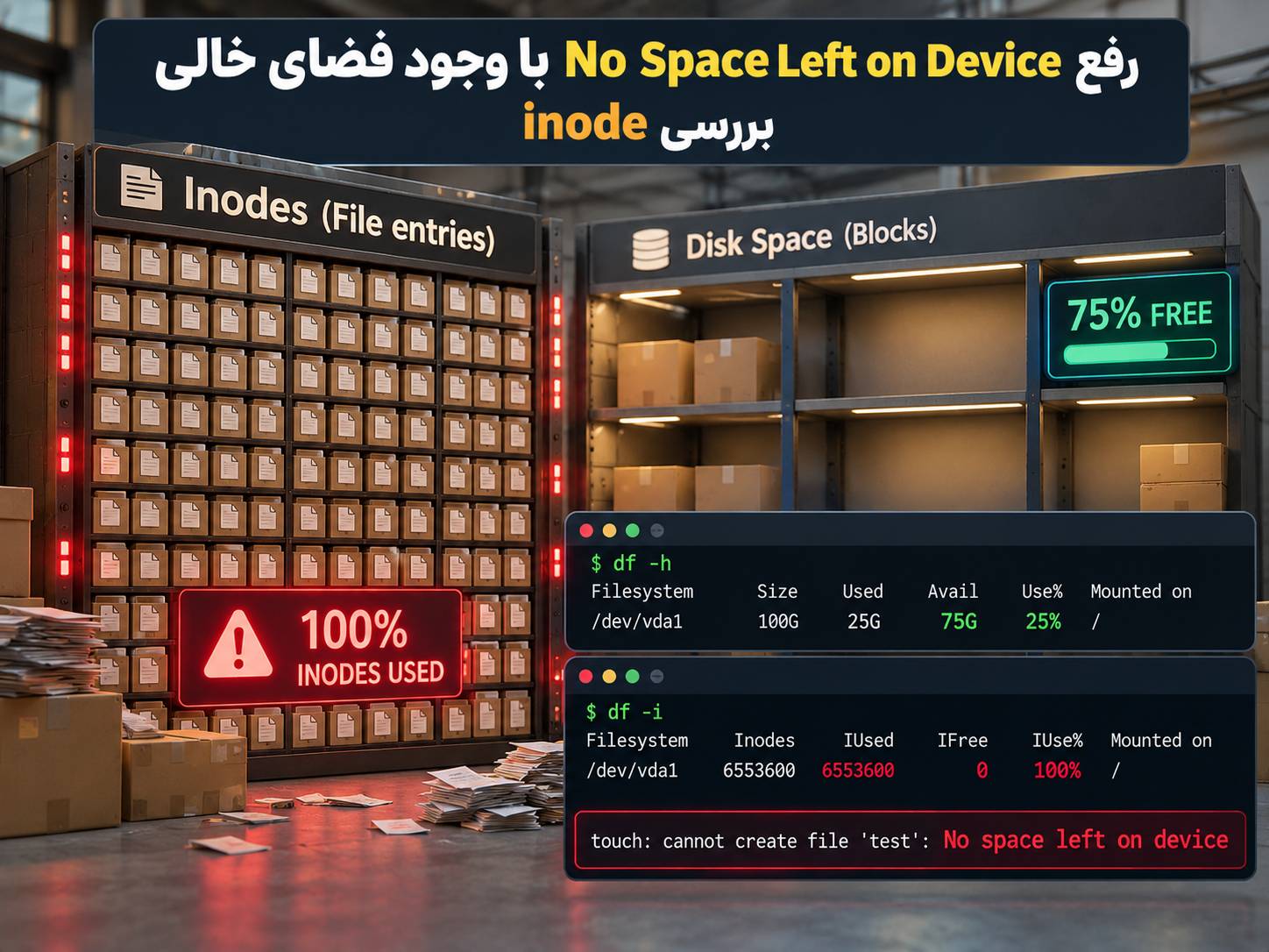 رفع No Space Left on Device با وجود فضای خالی و بررسی inode در Linux