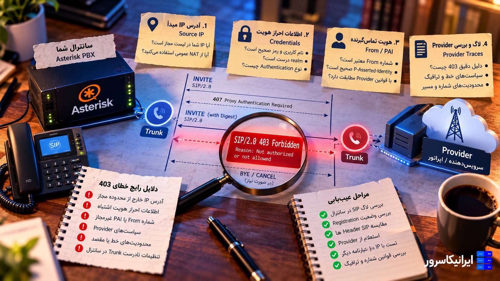 عیب‌یابی خطای SIP 403 Forbidden در Trunk با بررسی Source IP، Credentials، From و P-Asserted-Identity