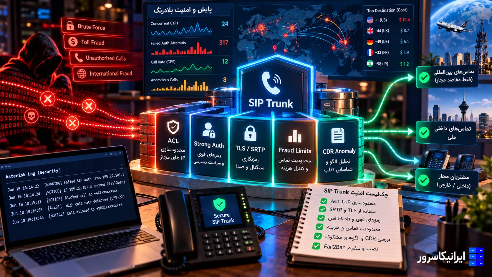 امنیت SIP Trunk و جلوگیری از Toll Fraud با ACL، TLS، محدودیت تماس، CDR و Fail2Ban