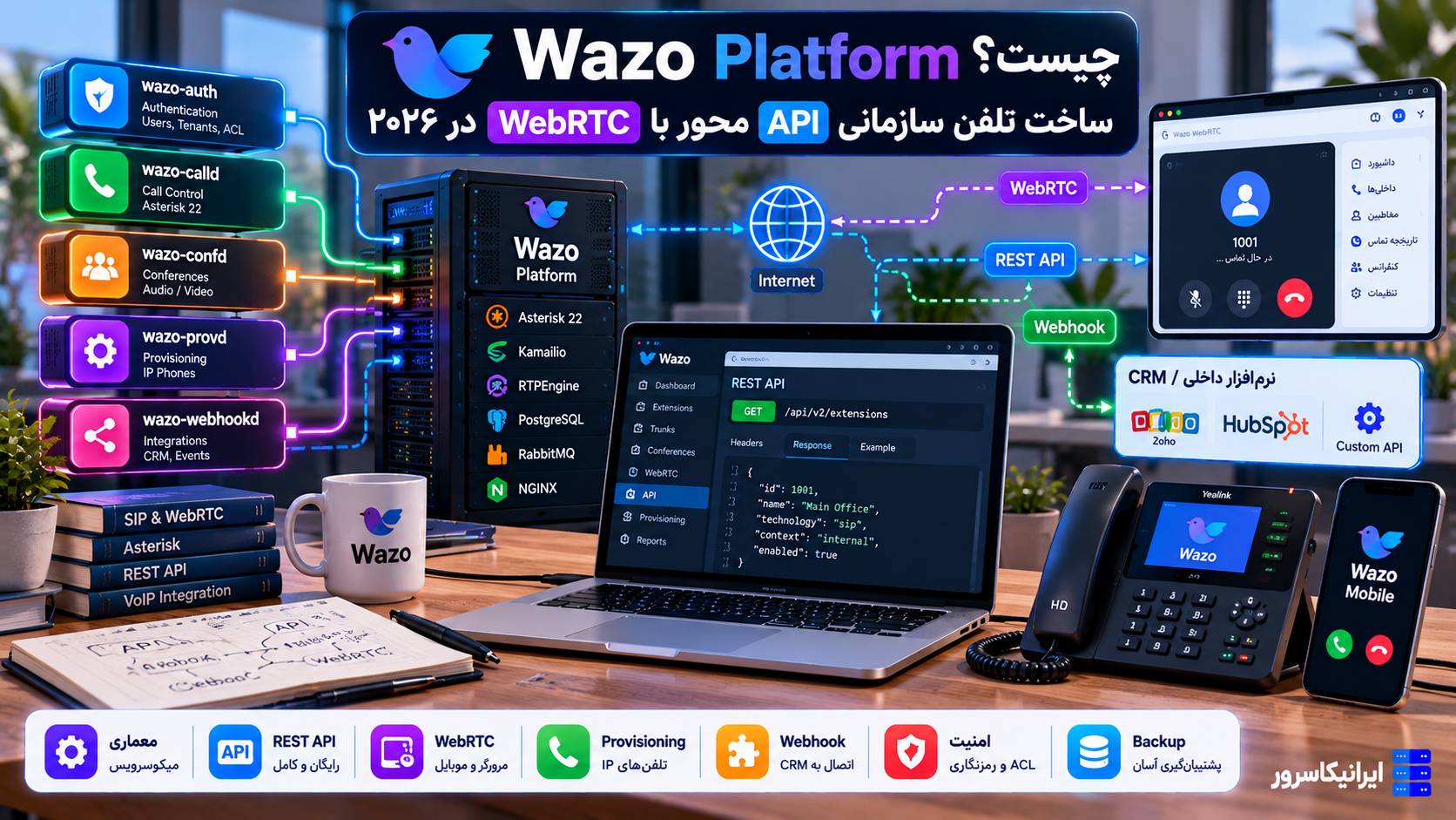 Wazo Platform API محور برای ساخت تلفن سازمانی با REST API، WebRTC، WebSocket و Provisioning