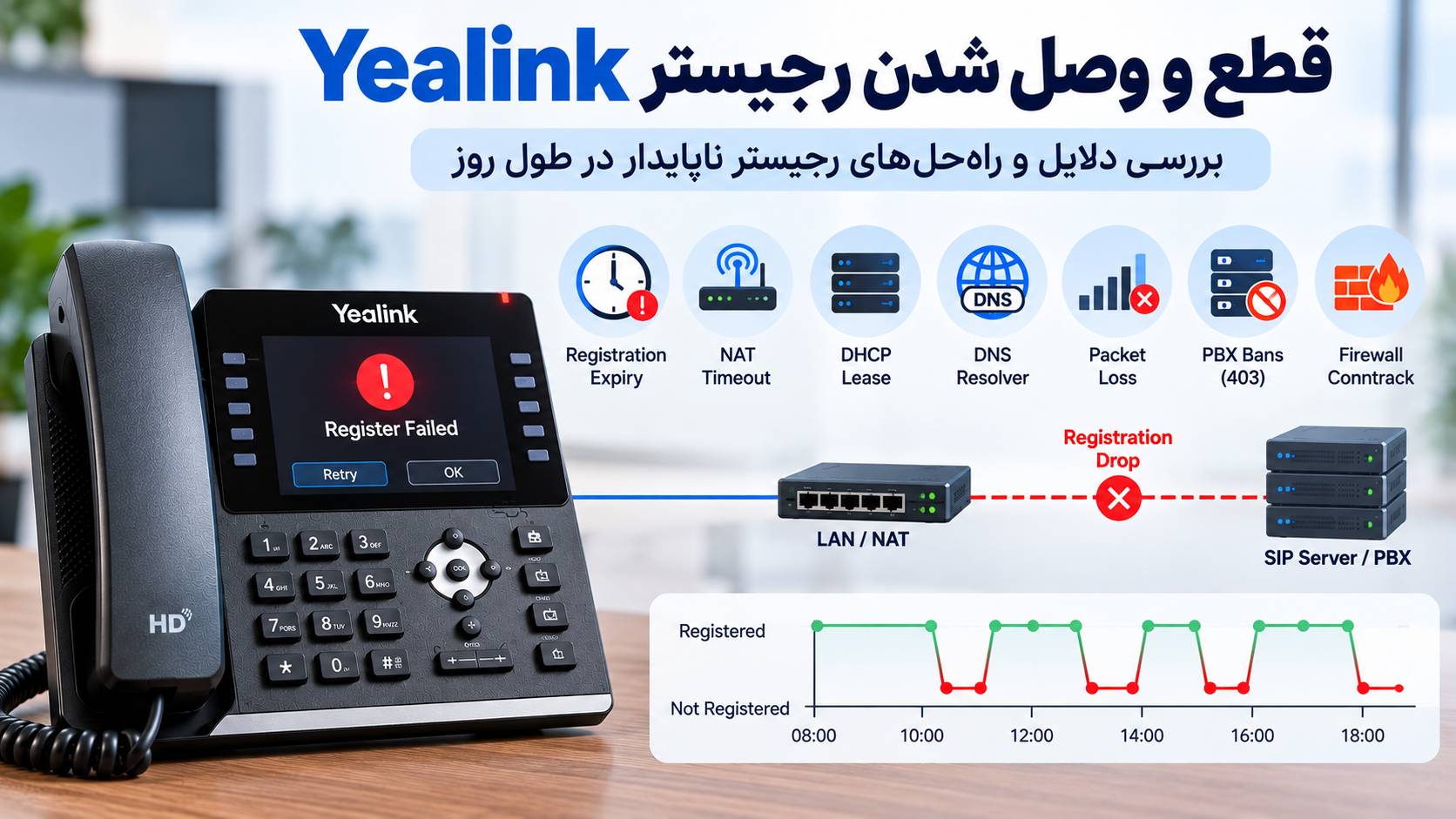 چرا رجیستر تلفن یالینک در طول روز قطع و وصل می‌شود؟ رفع ناپایداری SIP